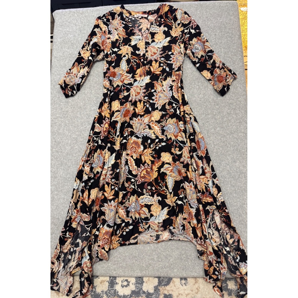 Harlow & Rose Floral Paisley Handkerchief Hem Midi Dress Black Orange Medium